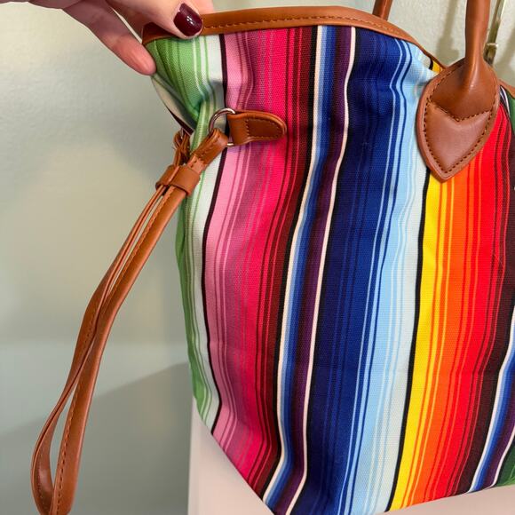 Weekender Tote Bag Rainbow Stripes Canvas Colorful Satchel Travel Makeup Handbag - Picture 7 of 9